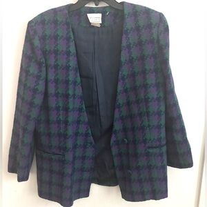 Vintage 80s Houndstooth Blazer Wool Purple Retro Longline Jacket Sz 14 Oversized